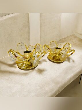 Brass flower shaped candle holders with lead crystal prisms